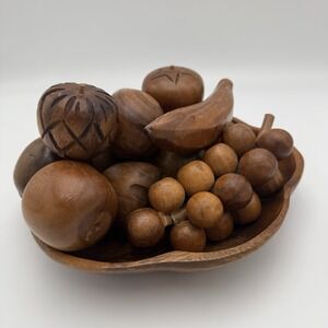 Vtg MCM Monkey Pod Wood Bowl with 12 Pieces of Wooden Fruit Farm Country English